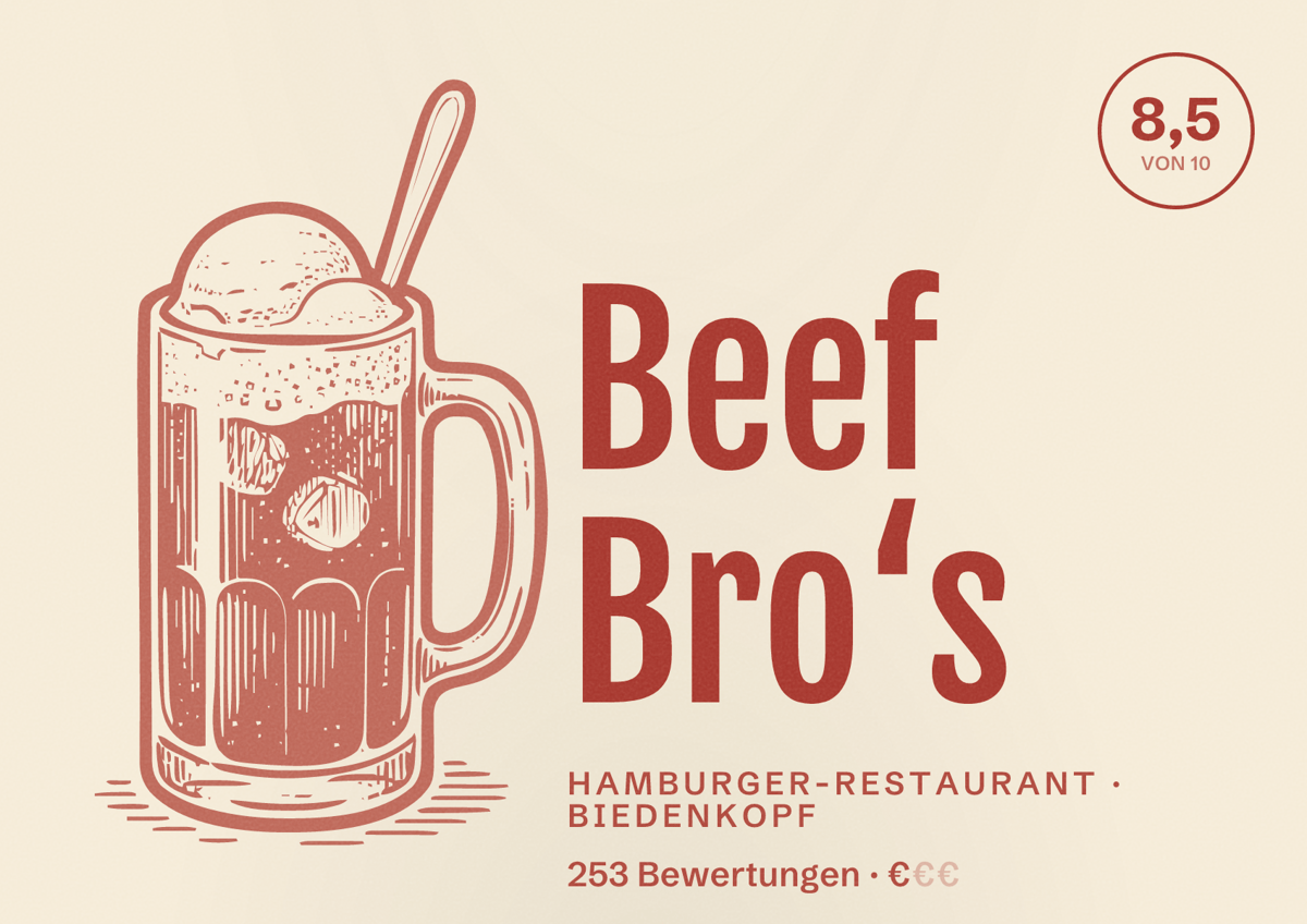 Illustriertes Poster von Beef Bro‘s, Hamburger-Restaurant in Biedenkopf: Bewertung 8,5 von 10 aus 253 Bewertungen, Preisniveau €