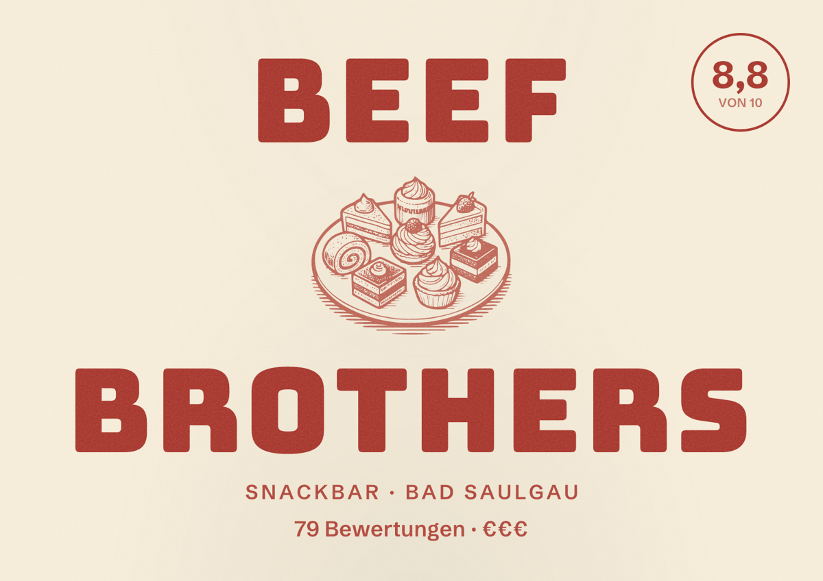 Illustriertes Poster von Beef Brothers, Snackbar in Bad Saulgau: Bewertung 8,8 von 10 aus 79 Bewertungen, Preisniveau €€€