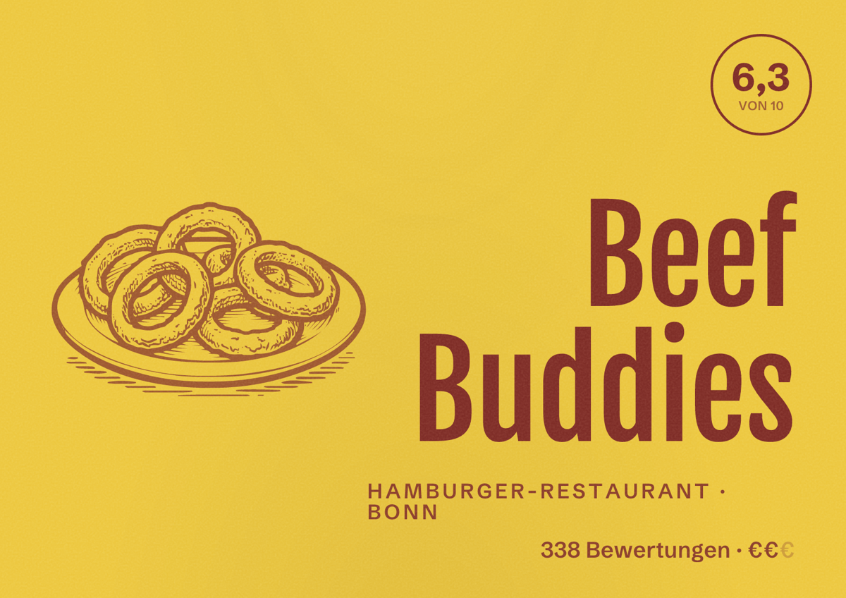 Illustriertes Poster von Beef Buddies, Hamburger-Restaurant in Bonn: Bewertung 6,3 von 10 aus 338 Bewertungen, Preisniveau €€