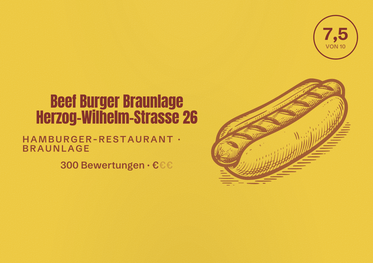 Illustriertes Poster von Beef Burger Braunlage Herzog-Wilhelm-Strasse 26, Hamburger-Restaurant in Braunlage: Bewertung 7,5 von 10 aus 300 Bewertungen, Preisniveau €