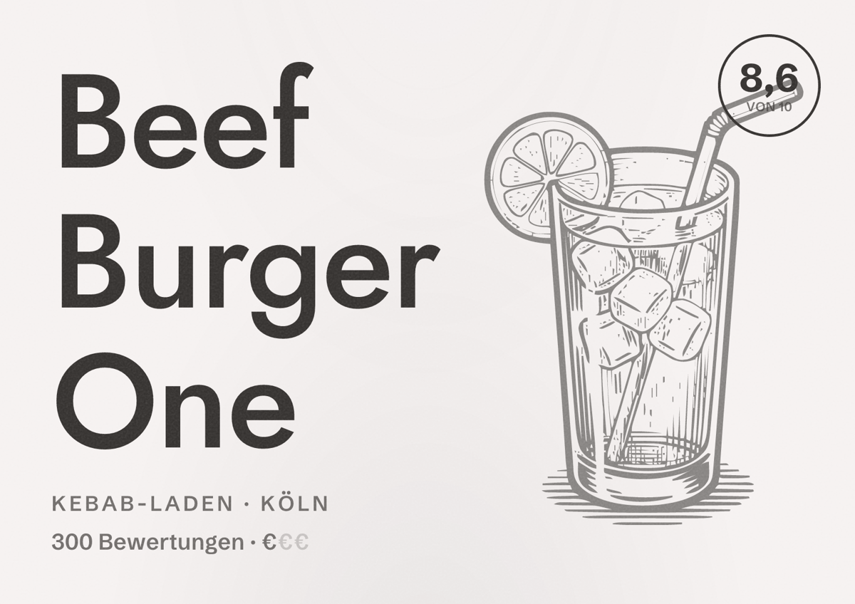 Illustriertes Poster von Beef Burger One, Kebab-Laden in Köln: Bewertung 8,6 von 10 aus 300 Bewertungen, Preisniveau €