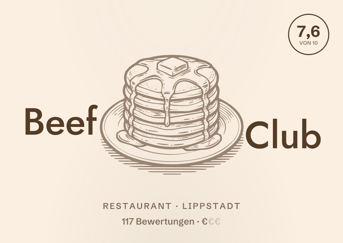 Illustriertes Poster von Beef Club, Restaurant in Lippstadt: Bewertung 7,6 von 10 aus 117 Bewertungen, Preisniveau €