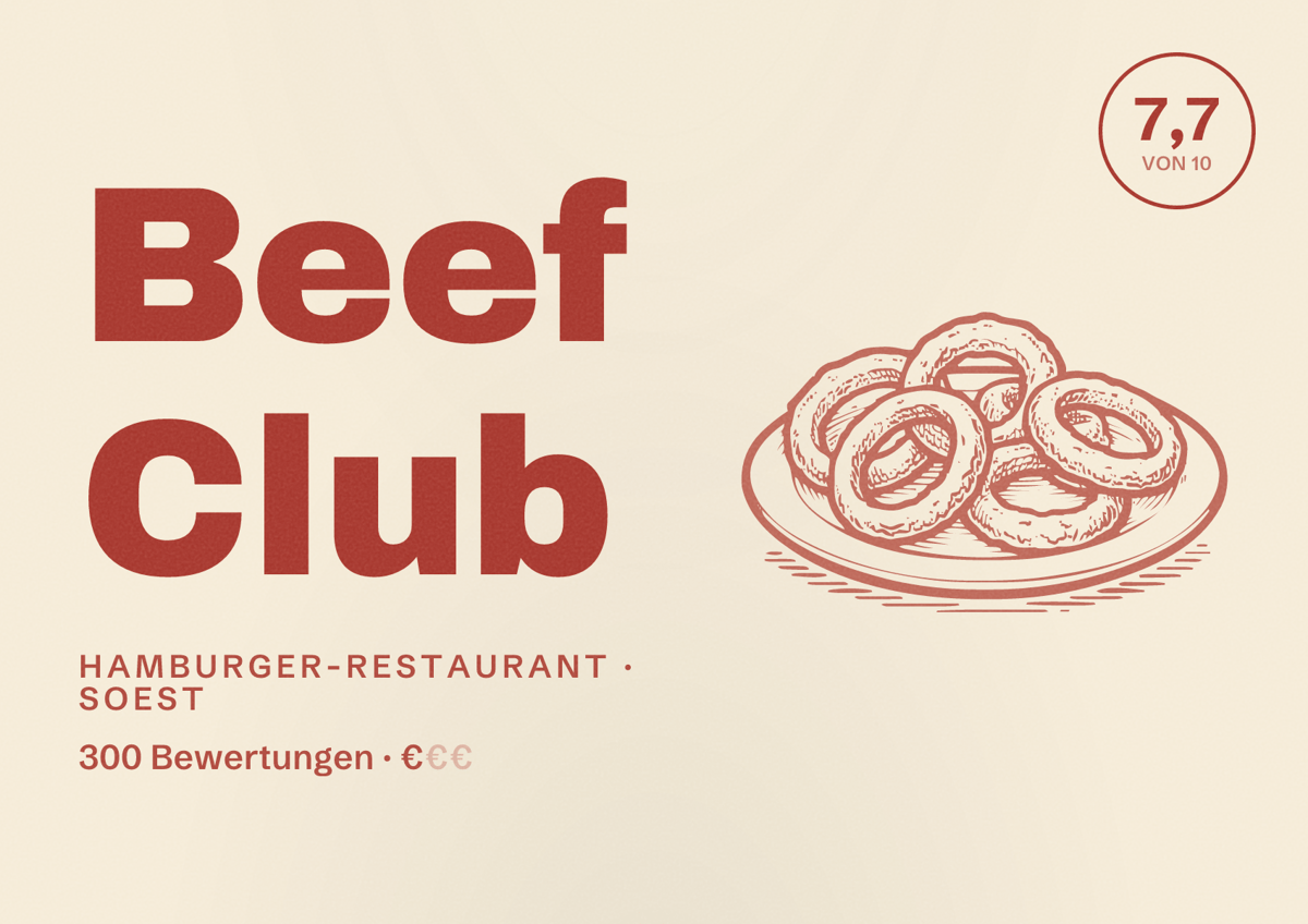 Illustriertes Poster von Beef Club, Hamburger-Restaurant in Soest: Bewertung 7,7 von 10 aus 300 Bewertungen, Preisniveau €