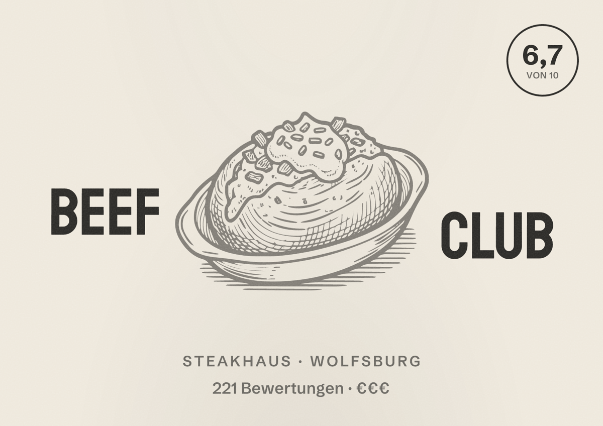 Illustriertes Poster von Beef Club, Steakhaus in Wolfsburg: Bewertung 6,7 von 10 aus 221 Bewertungen, Preisniveau €€€