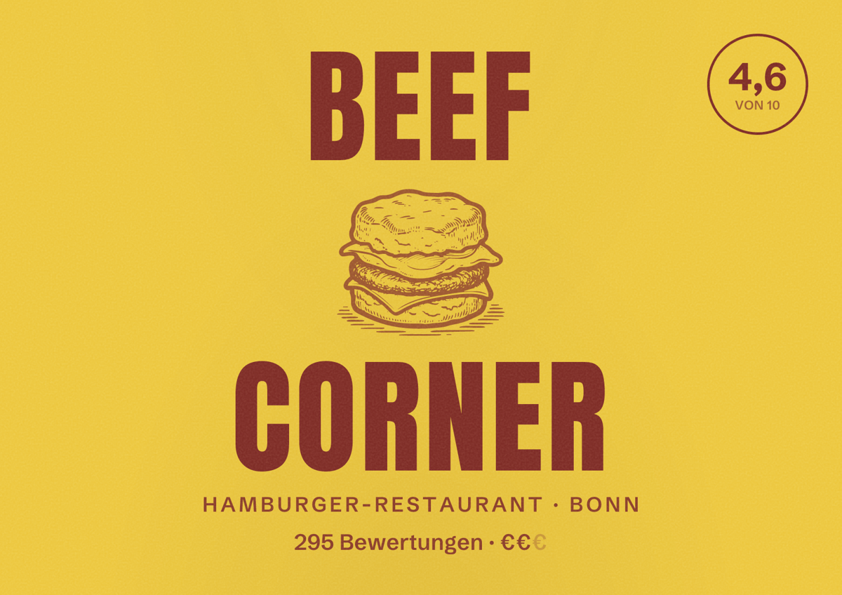 Illustriertes Poster von Beef Corner, Hamburger-Restaurant in Bonn: Bewertung 4,6 von 10 aus 295 Bewertungen, Preisniveau €€