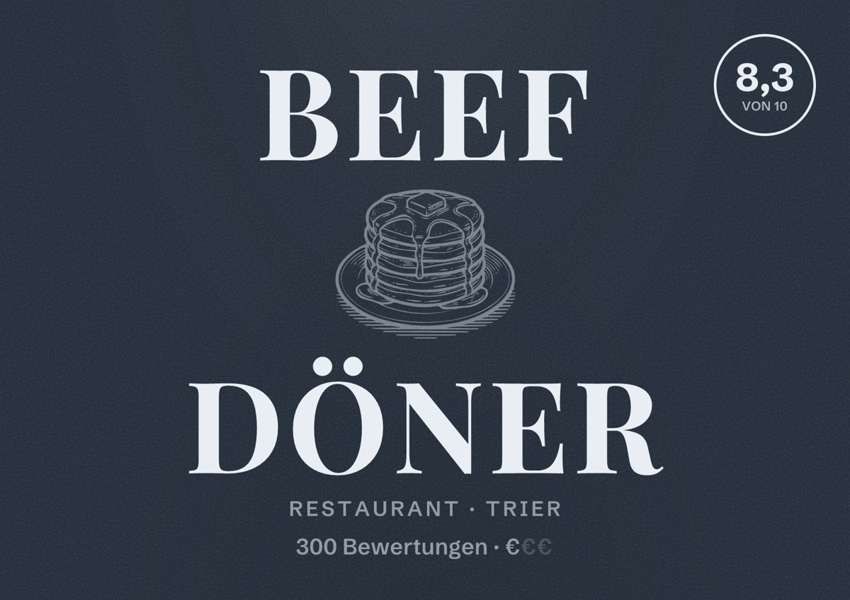 Illustriertes Poster von Beef Döner, Restaurant in Trier: Bewertung 8,3 von 10 aus 300 Bewertungen, Preisniveau €
