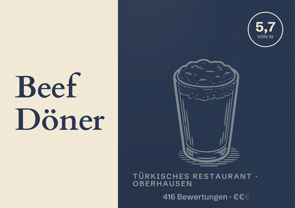 Illustriertes Poster von Beef Döner, Türkisches Restaurant in Oberhausen: Bewertung 5,7 von 10 aus 416 Bewertungen, Preisniveau €€