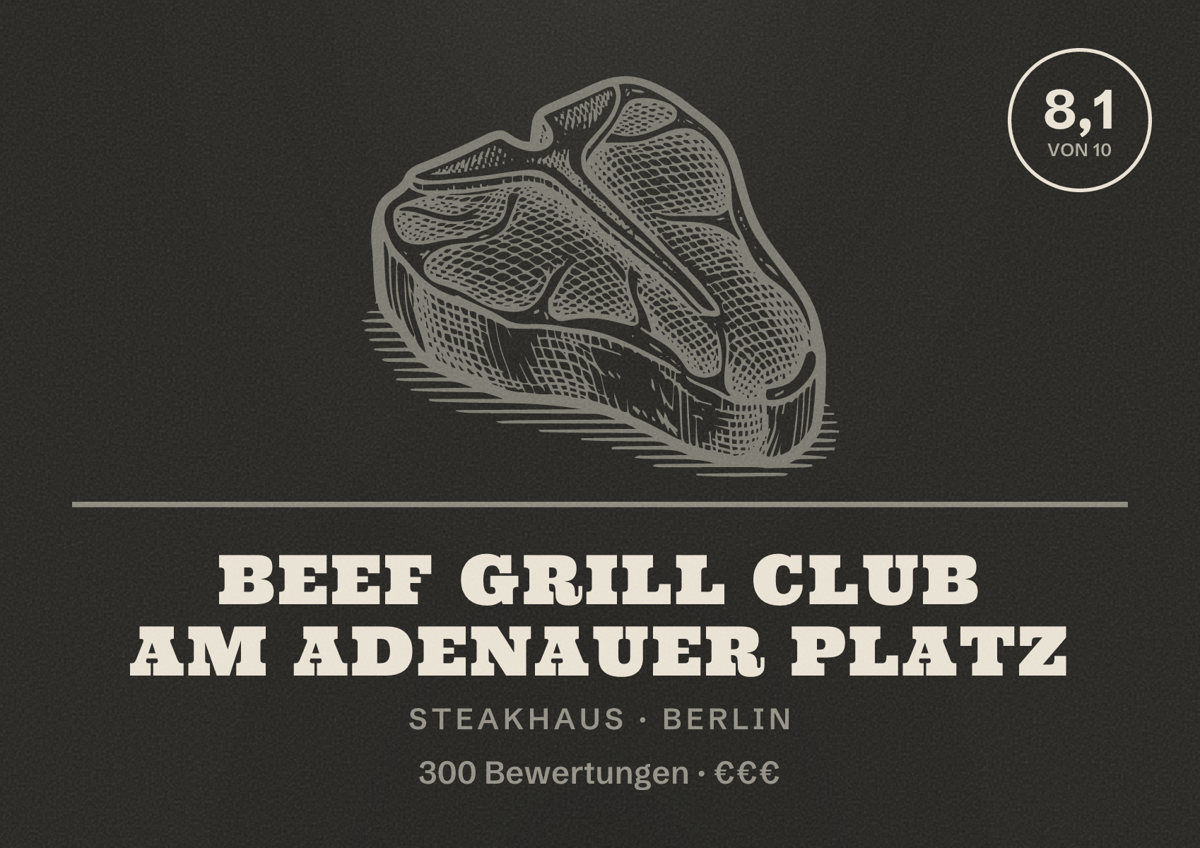 Illustriertes Poster von Beef Grill Club am Adenauer Platz, Steakhaus in Berlin: Bewertung 8,1 von 10 aus 300 Bewertungen, Preisniveau €€€