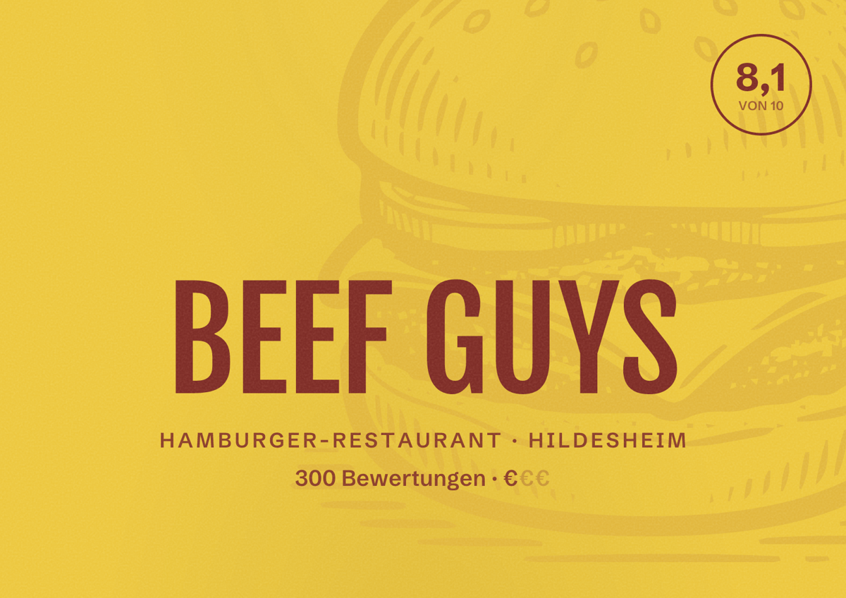 Illustriertes Poster von BEEF GUYS, Hamburger-Restaurant in Hildesheim: Bewertung 8,1 von 10 aus 300 Bewertungen, Preisniveau €