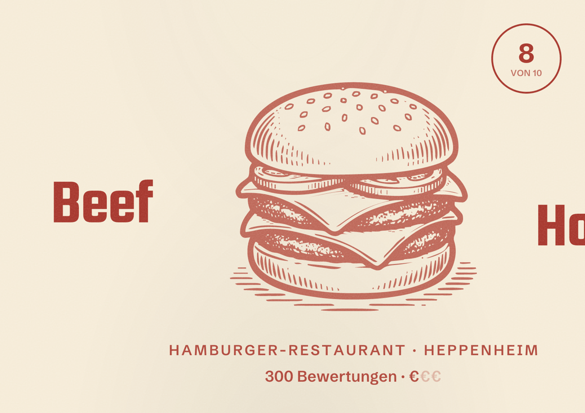 Illustriertes Poster von Beef House, Hamburger-Restaurant in Heppenheim: Bewertung 8 von 10 aus 300 Bewertungen, Preisniveau €