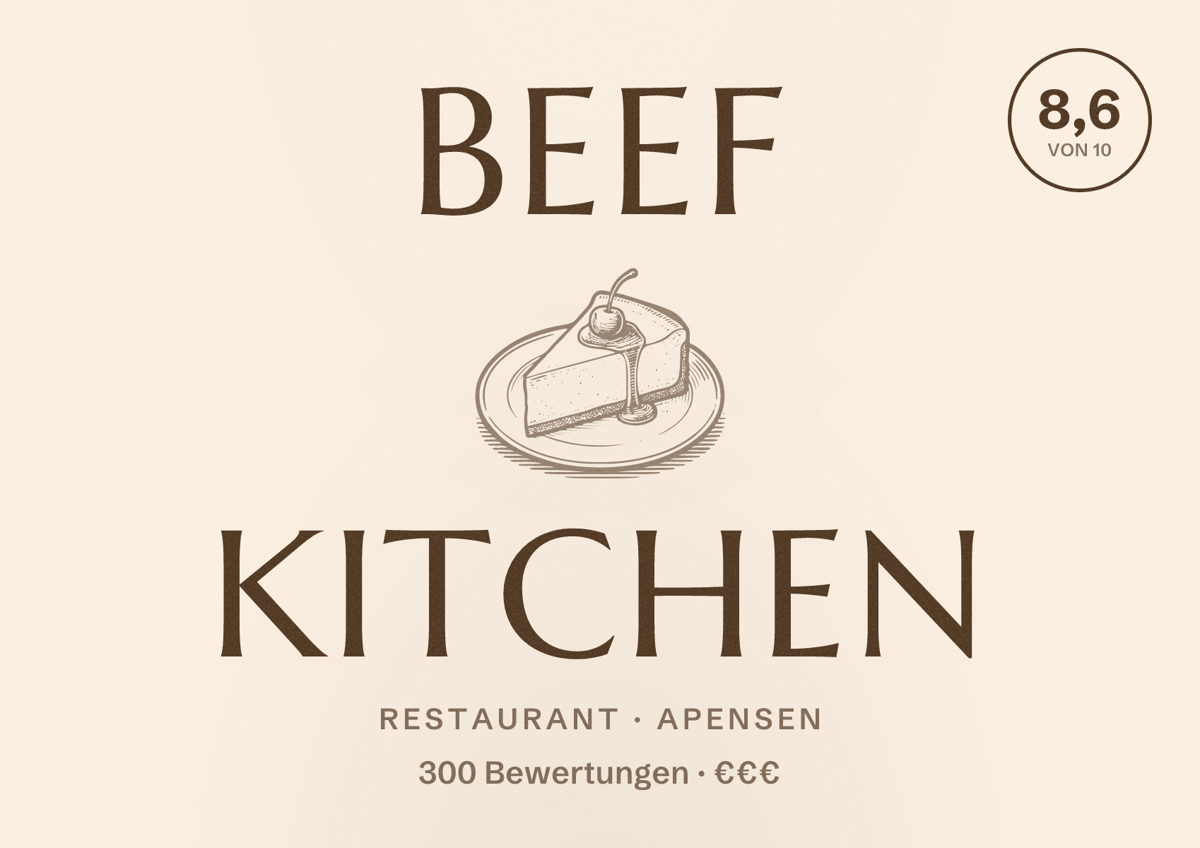 Illustriertes Poster von Beef Kitchen, Restaurant in Apensen: Bewertung 8,6 von 10 aus 300 Bewertungen, Preisniveau €€€