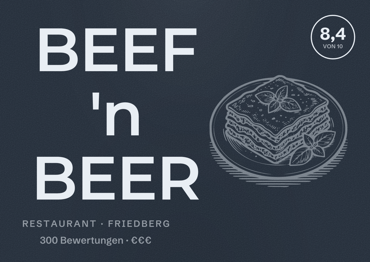 Illustriertes Poster von BEEF 'n BEER, Restaurant in Friedberg: Bewertung 8,4 von 10 aus 300 Bewertungen, Preisniveau €€€