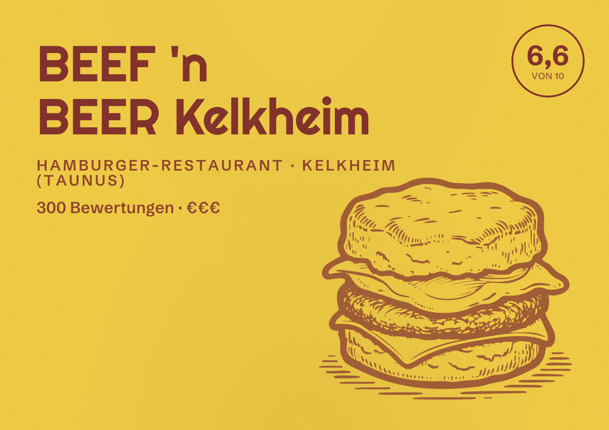 Illustriertes Poster von BEEF 'n BEER Kelkheim, Hamburger-Restaurant in Kelkheim (Taunus): Bewertung 6,6 von 10 aus 300 Bewertungen, Preisniveau €€€