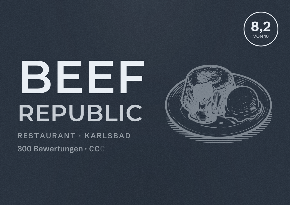 Illustriertes Poster von Beef Republic, Restaurant in Karlsbad: Bewertung 8,2 von 10 aus 300 Bewertungen, Preisniveau €€