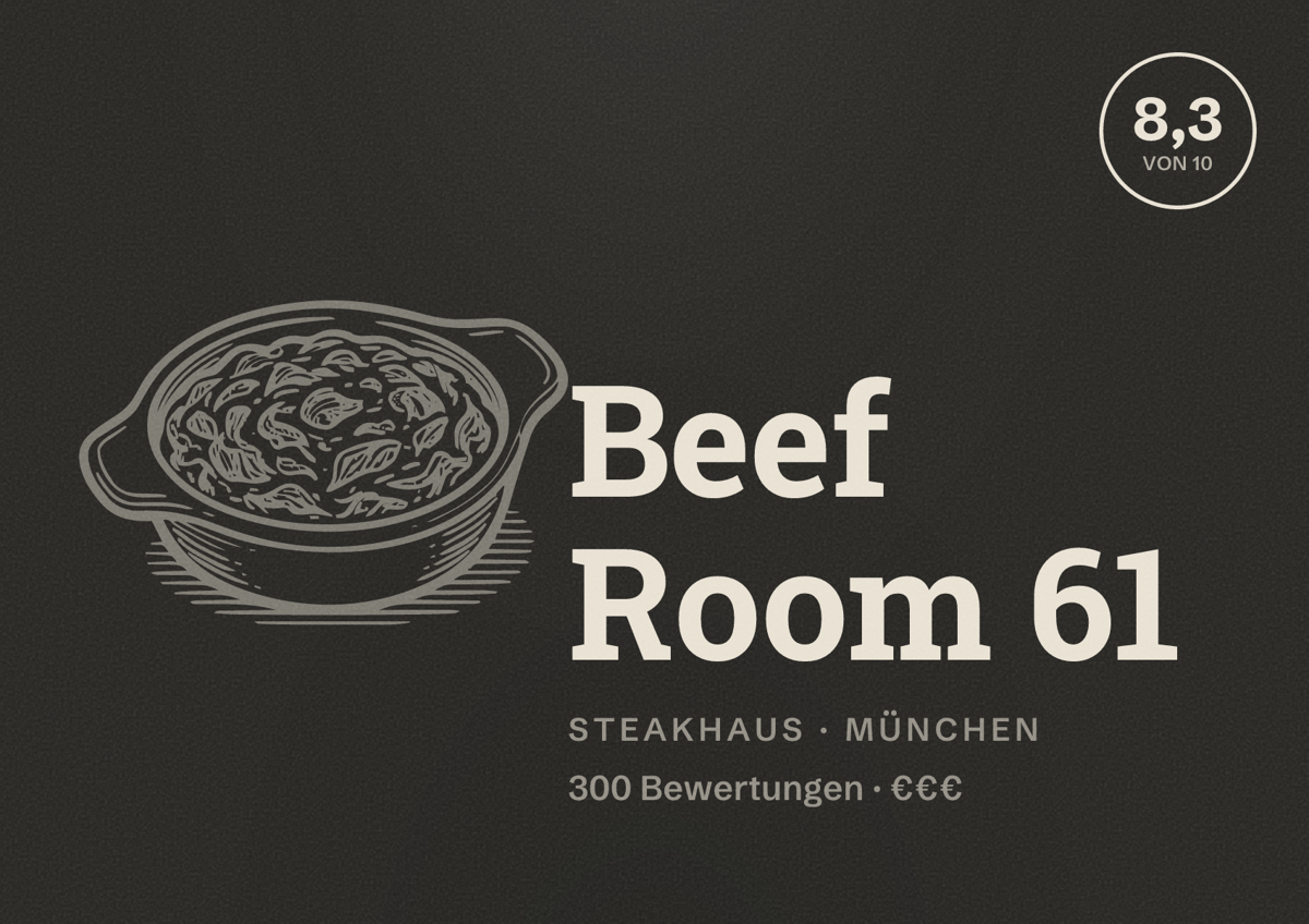 Illustriertes Poster von Beef Room 61, Steakhaus in München: Bewertung 8,3 von 10 aus 300 Bewertungen, Preisniveau €€€
