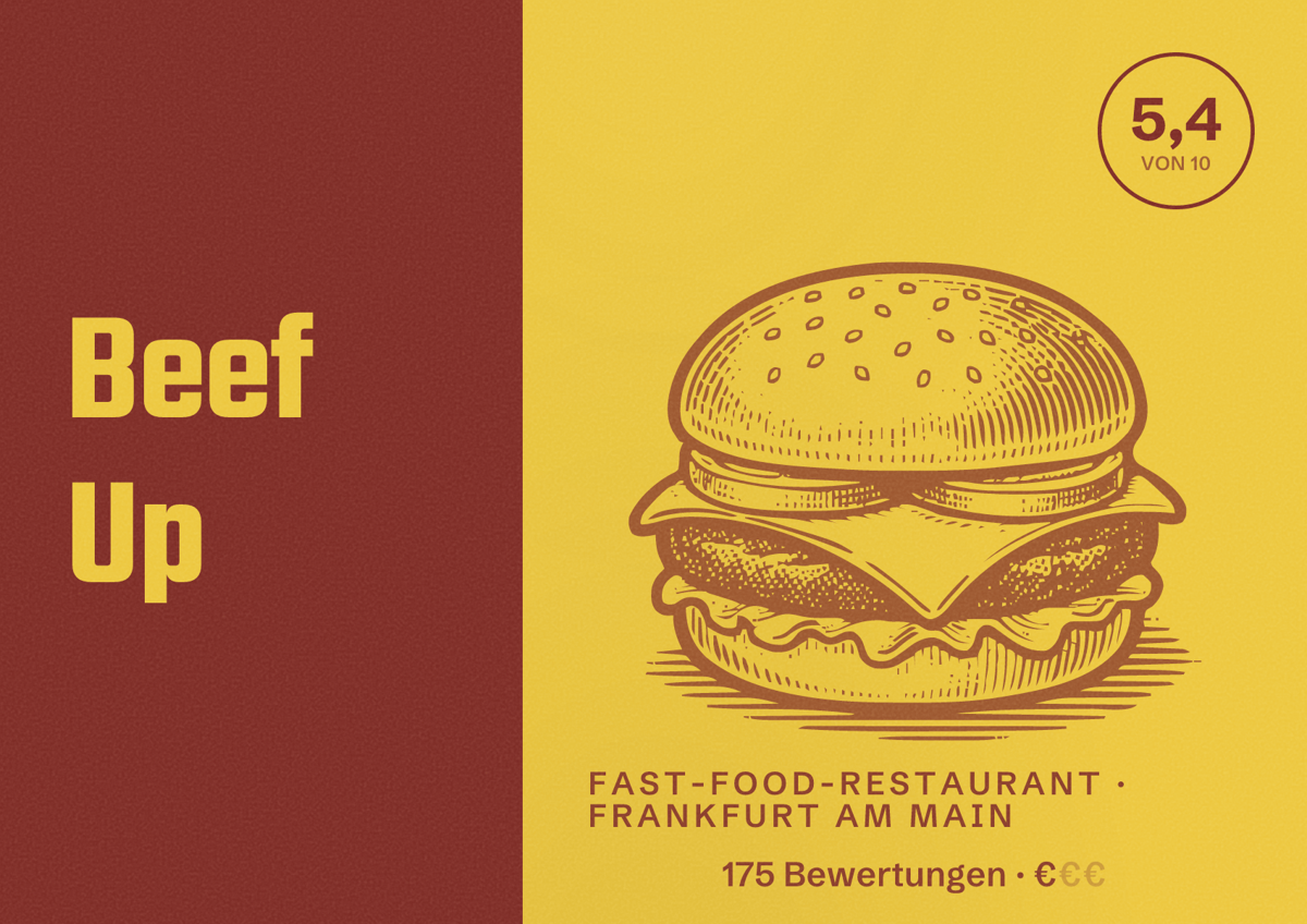 Illustriertes Poster von Beef Up, Fast-Food-Restaurant in Frankfurt am Main: Bewertung 5,4 von 10 aus 175 Bewertungen, Preisniveau €