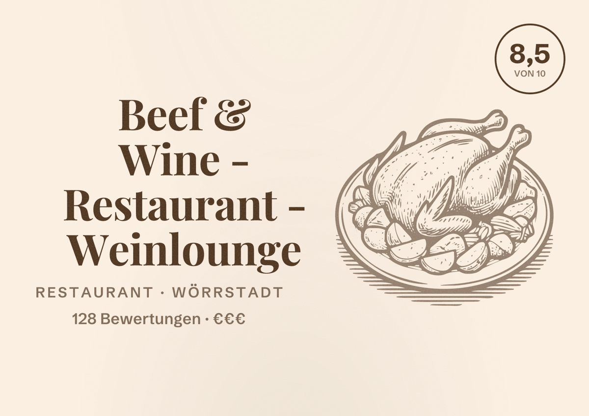 Illustriertes Poster von Beef & Wine - Restaurant - Weinlounge, Restaurant in Wörrstadt: Bewertung 8,5 von 10 aus 128 Bewertungen, Preisniveau €€€