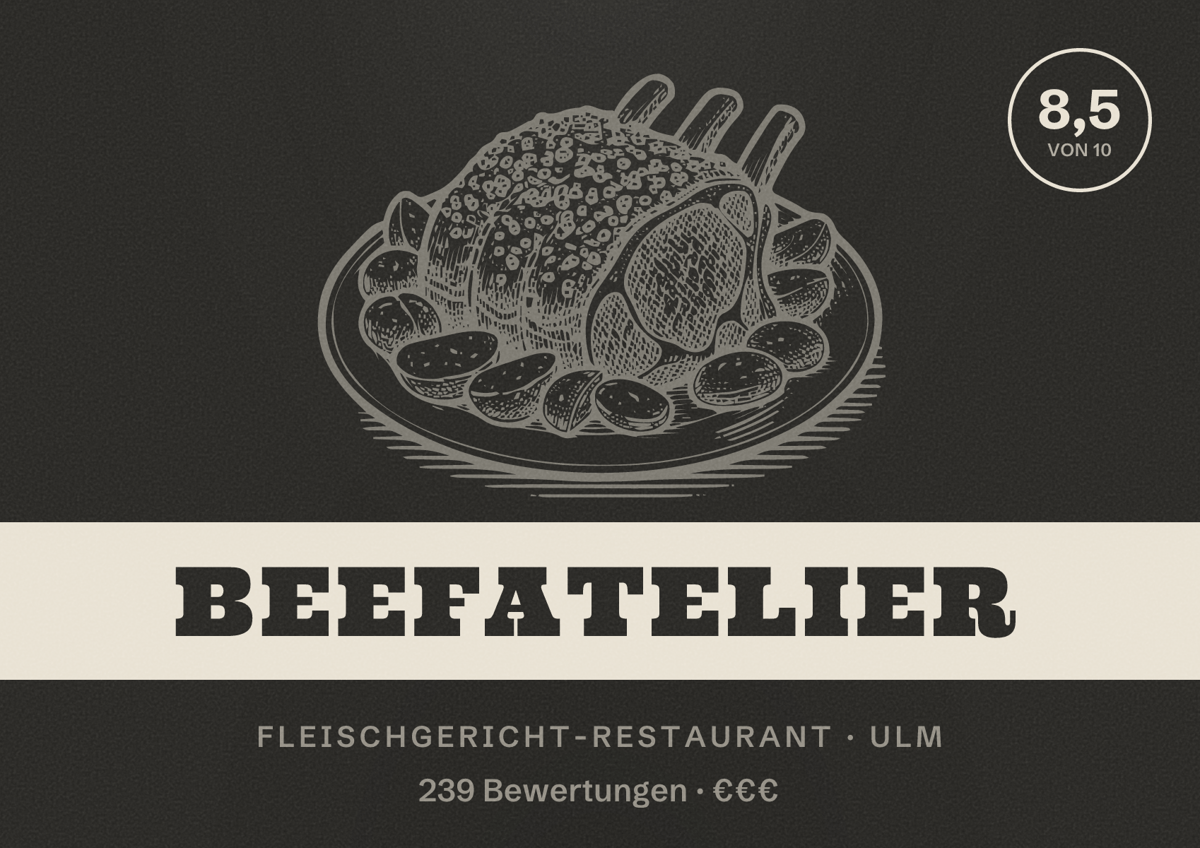 Illustriertes Poster von BeefAtelier, Fleischgericht-Restaurant in Ulm: Bewertung 8,5 von 10 aus 239 Bewertungen, Preisniveau €€€
