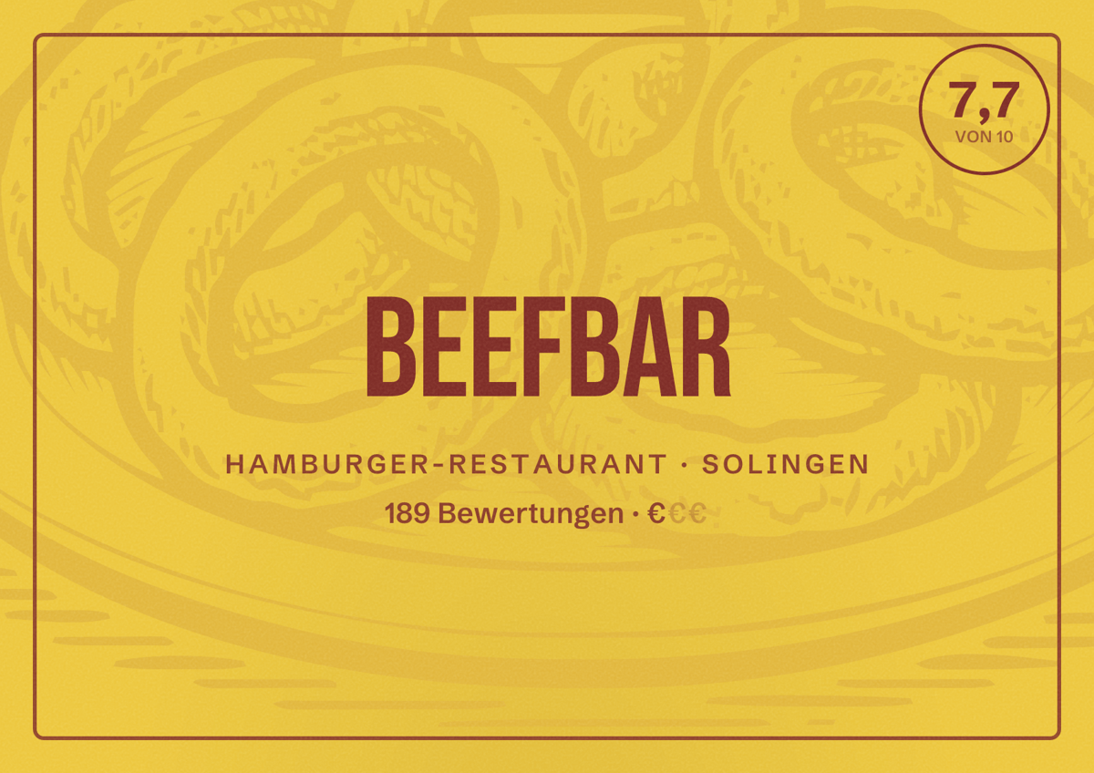 Illustriertes Poster von Beefbar, Hamburger-Restaurant in Solingen: Bewertung 7,7 von 10 aus 189 Bewertungen, Preisniveau €