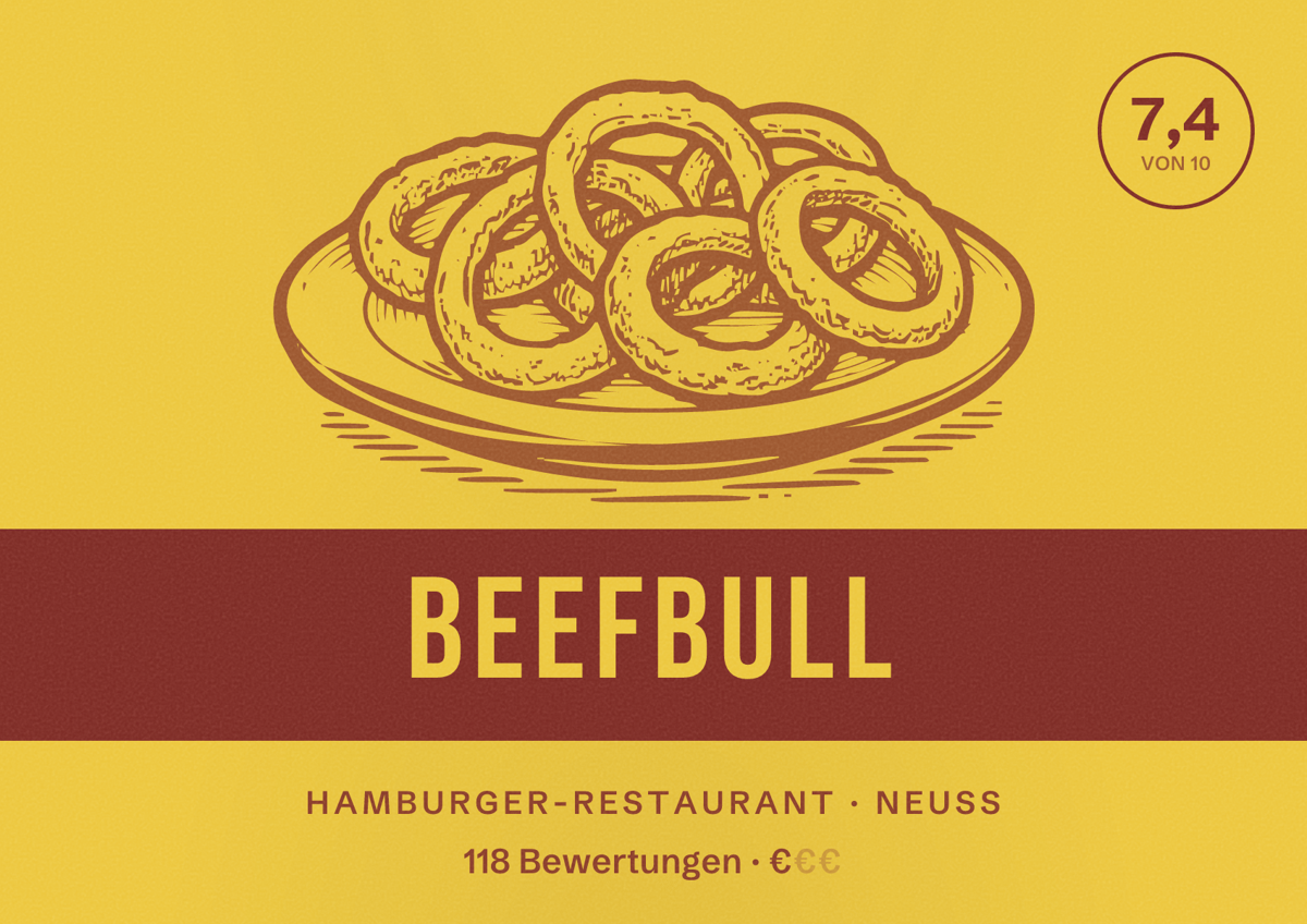Illustriertes Poster von Beefbull, Hamburger-Restaurant in Neuss: Bewertung 7,4 von 10 aus 118 Bewertungen, Preisniveau €