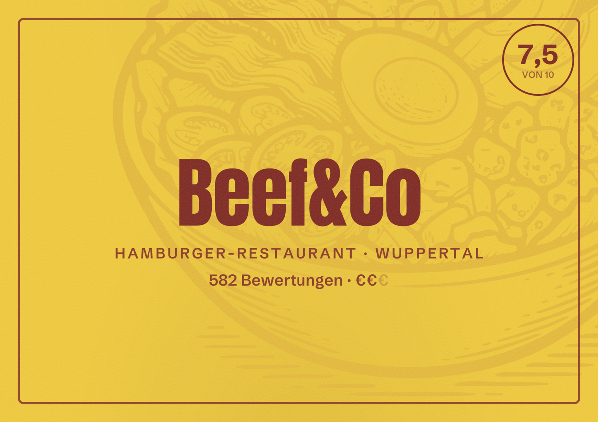 Illustriertes Poster von Beef&Co, Hamburger-Restaurant in Wuppertal: Bewertung 7,5 von 10 aus 582 Bewertungen, Preisniveau €€