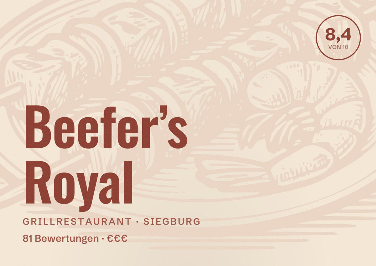 Illustriertes Poster von Beefer’s Royal, Grillrestaurant in Siegburg: Bewertung 8,4 von 10 aus 81 Bewertungen, Preisniveau €€€