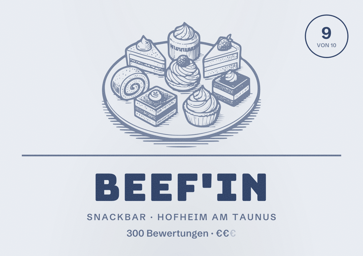 Illustriertes Poster von BEEF'IN, Snackbar in Hofheim am Taunus: Bewertung 9 von 10 aus 300 Bewertungen, Preisniveau €€