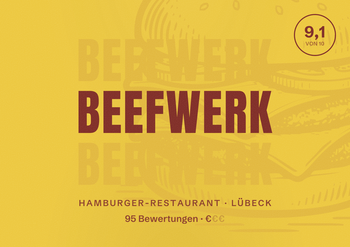 Illustriertes Poster von beefwerk, Hamburger-Restaurant in Lübeck: Bewertung 9,1 von 10 aus 95 Bewertungen, Preisniveau €