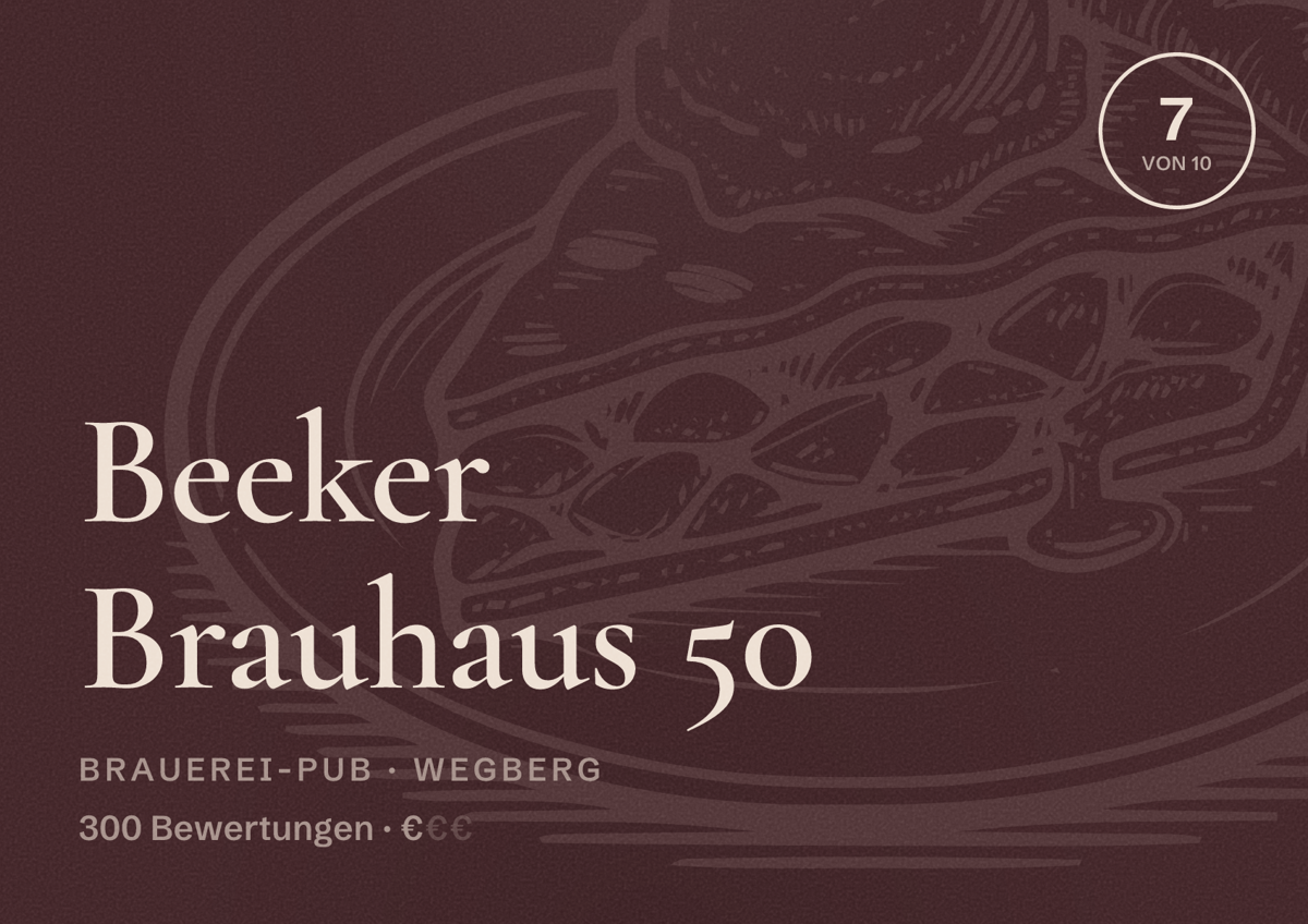 Illustriertes Poster von Beeker Brauhaus 50, Brauerei-Pub in Wegberg: Bewertung 7 von 10 aus 300 Bewertungen, Preisniveau €