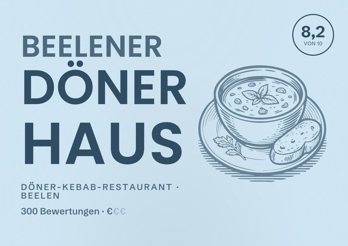 Illustriertes Poster von Beelener Döner Haus, Döner-Kebab-Restaurant in Beelen: Bewertung 8,2 von 10 aus 300 Bewertungen, Preisniveau €