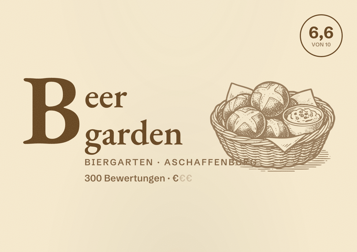 Illustriertes Poster von Beer garden, Biergarten in Aschaffenburg: Bewertung 6,6 von 10 aus 300 Bewertungen, Preisniveau €