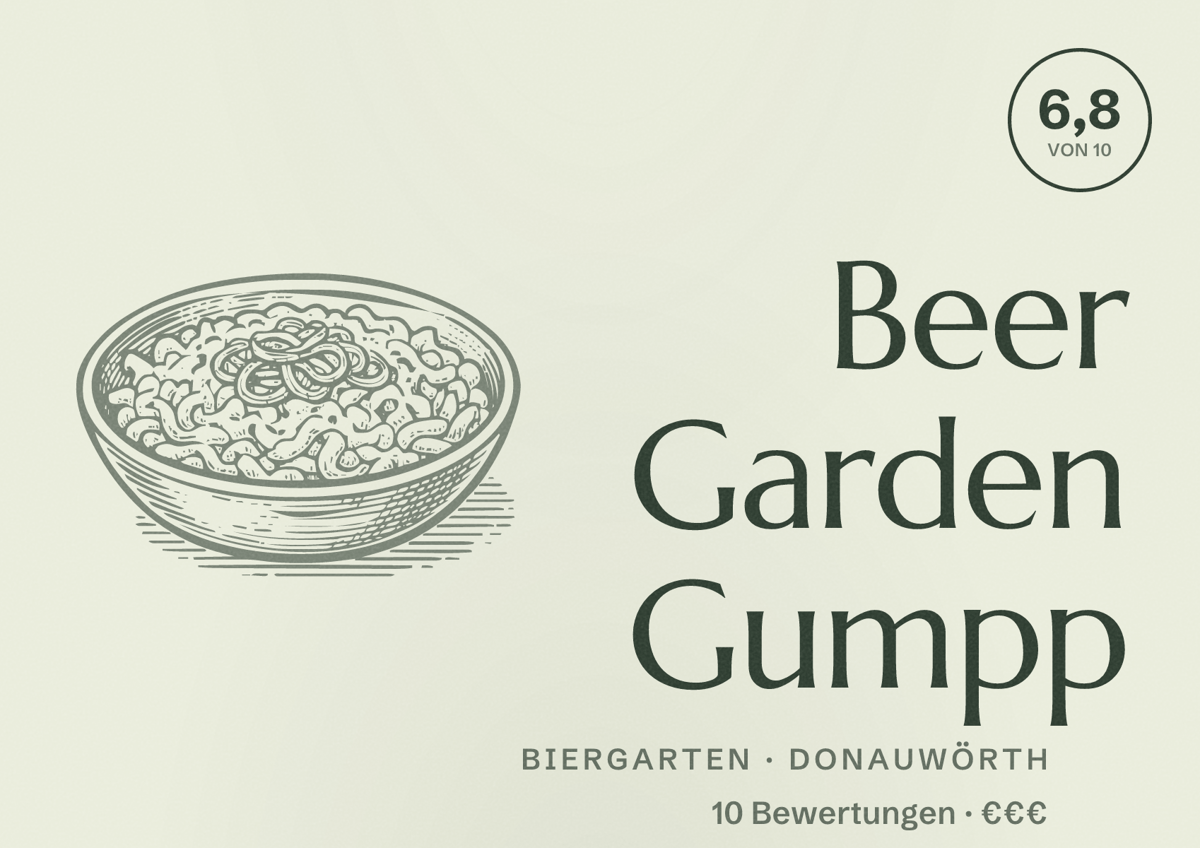 Illustriertes Poster von Beer Garden Gumpp, Biergarten in Donauwörth: Bewertung 6,8 von 10 aus 10 Bewertungen, Preisniveau €€€