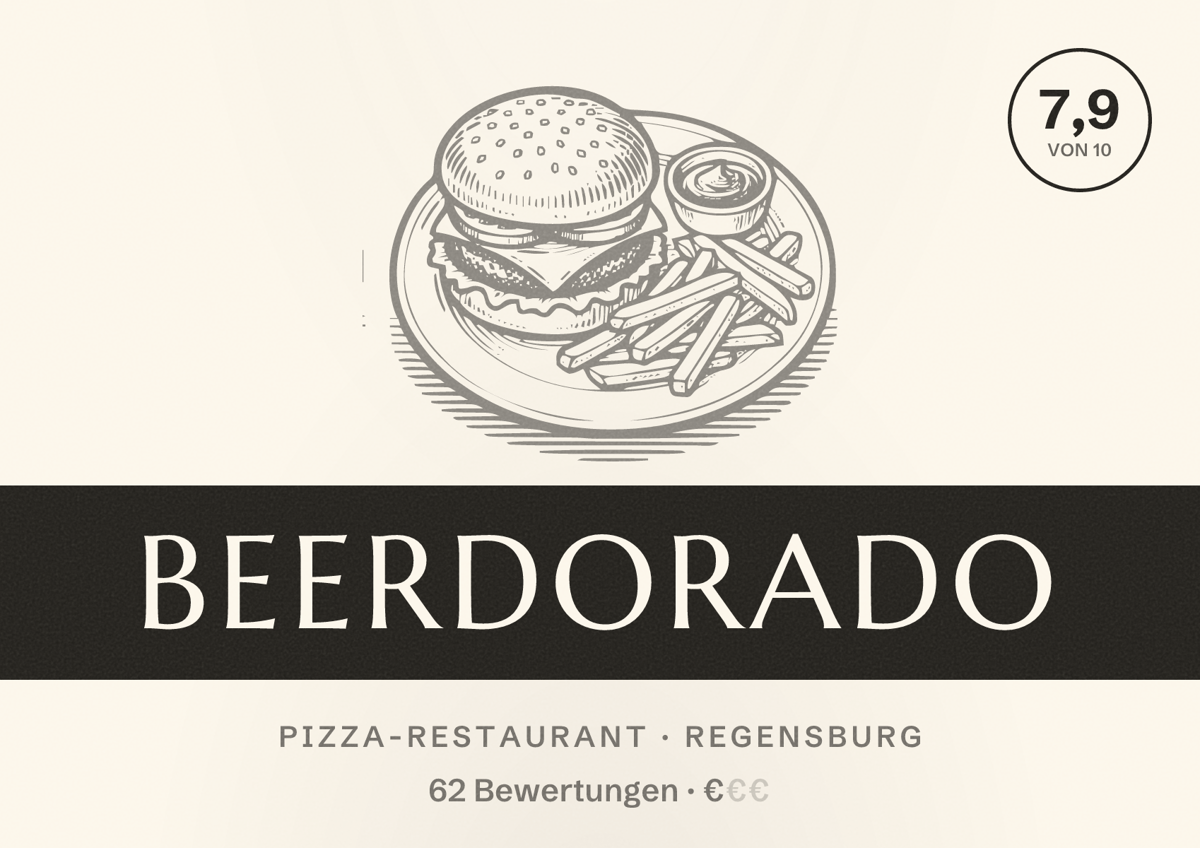 Illustriertes Poster von Beerdorado, Pizza-Restaurant in Regensburg: Bewertung 7,9 von 10 aus 62 Bewertungen, Preisniveau €