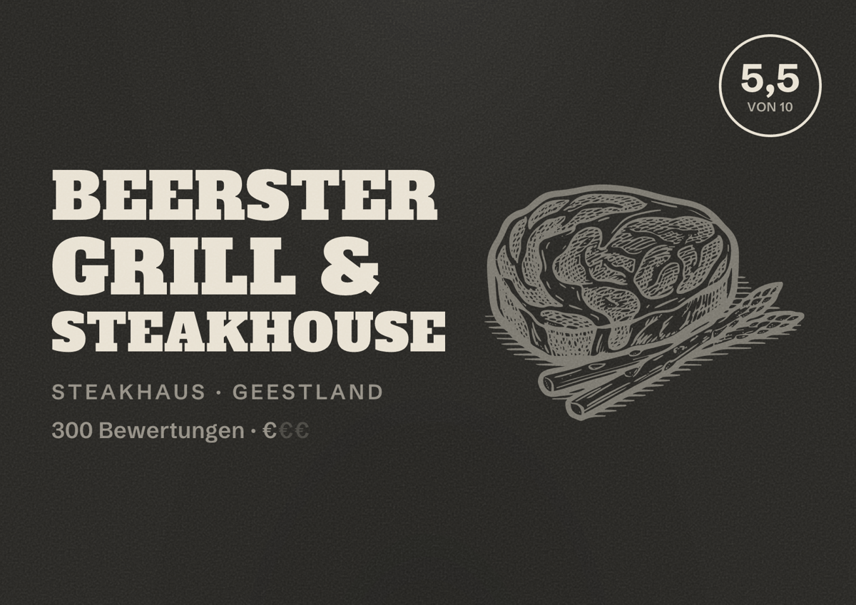 Illustriertes Poster von Beerster Grill & Steakhouse, Steakhaus in Geestland: Bewertung 5,5 von 10 aus 300 Bewertungen, Preisniveau €