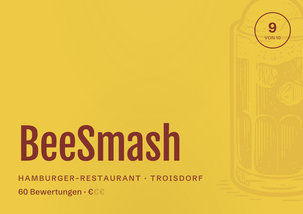Illustriertes Poster von BeeSmash, Hamburger-Restaurant in Troisdorf: Bewertung 9 von 10 aus 60 Bewertungen, Preisniveau €