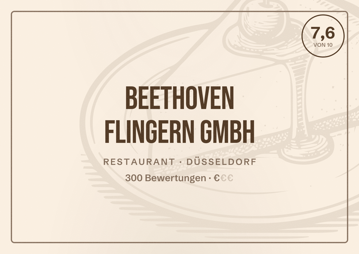Illustriertes Poster von Beethoven Flingern GmbH, Restaurant in Düsseldorf: Bewertung 7,6 von 10 aus 300 Bewertungen, Preisniveau €