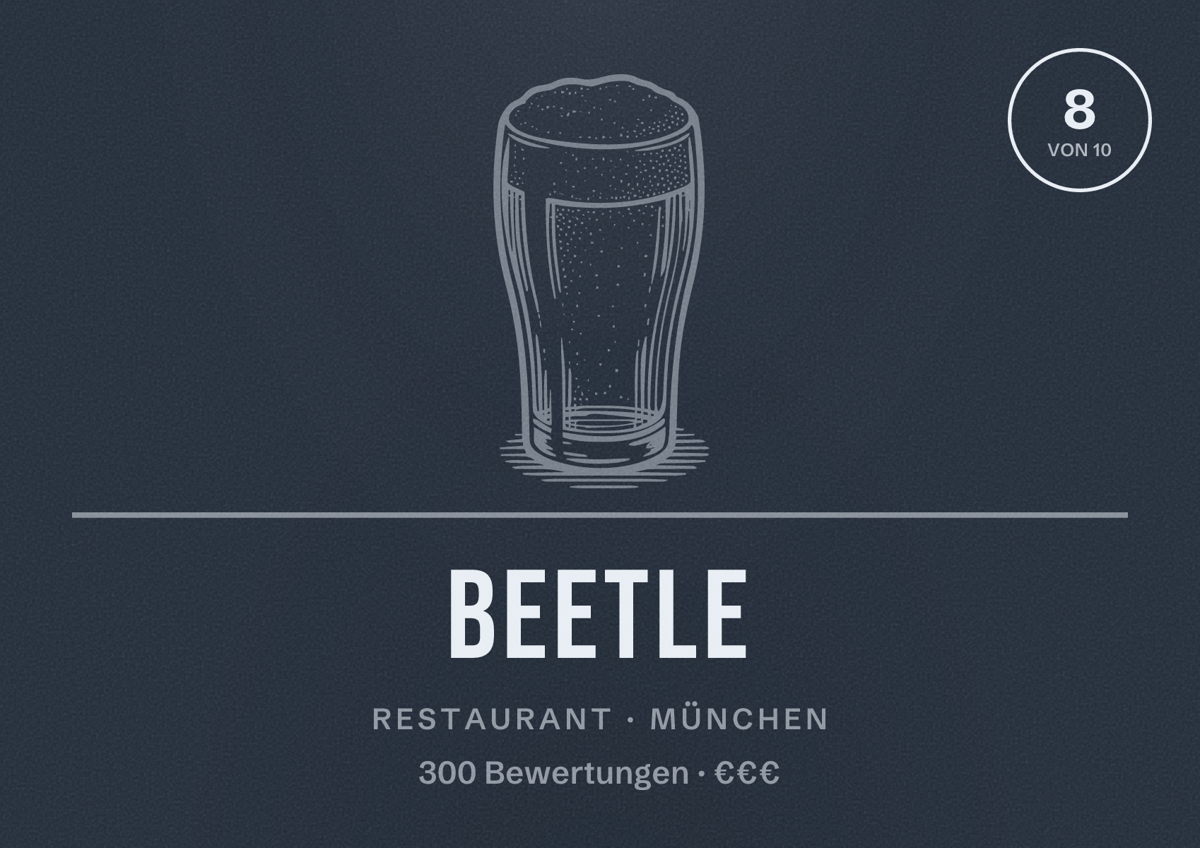 Illustriertes Poster von Beetle, Restaurant in München: Bewertung 8,0 von 10 aus 300 Bewertungen, Preisniveau €€€