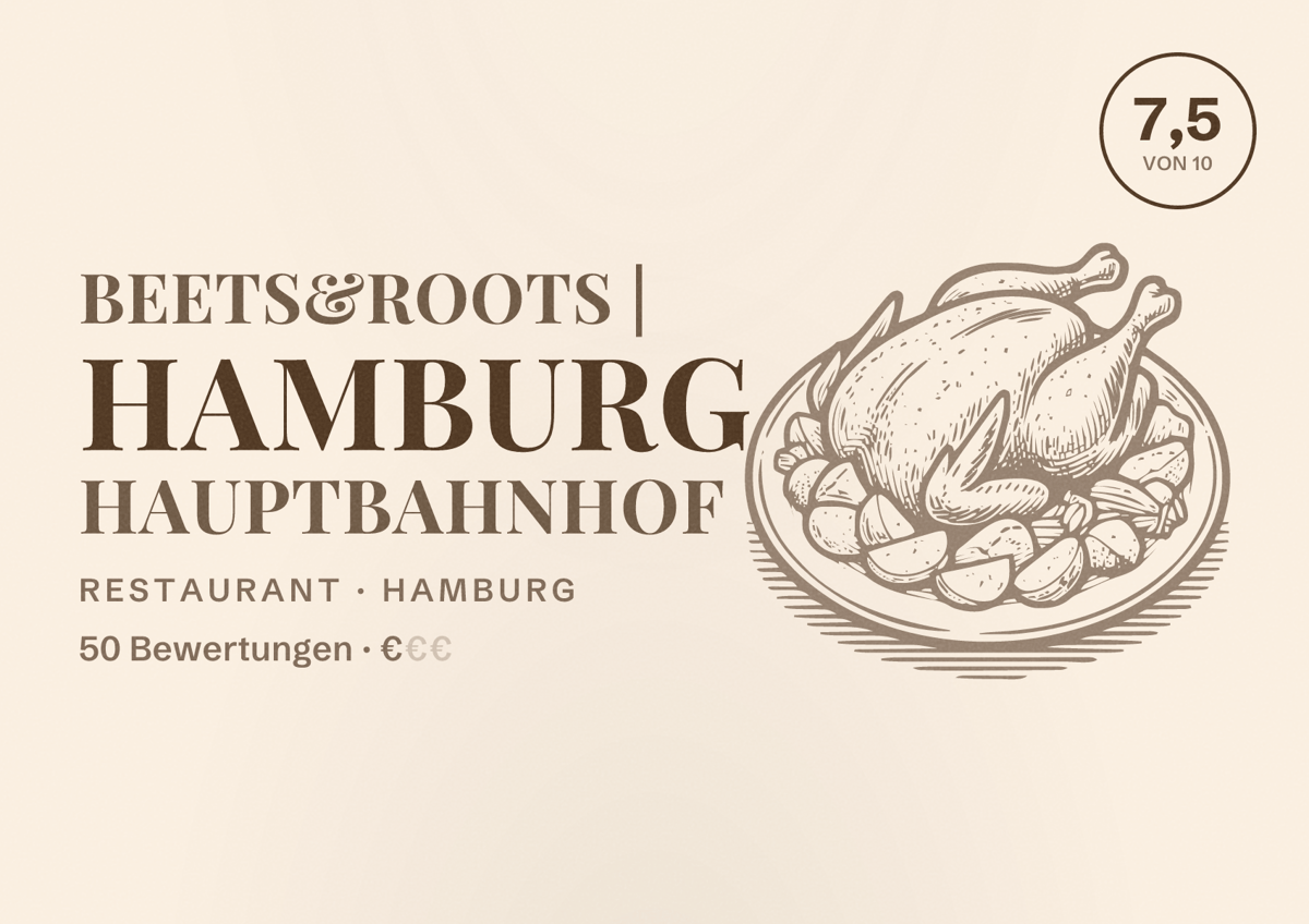 Illustriertes Poster von beets&roots | Hamburg Hauptbahnhof, Restaurant in Hamburg: Bewertung 7,5 von 10 aus 50 Bewertungen, Preisniveau €