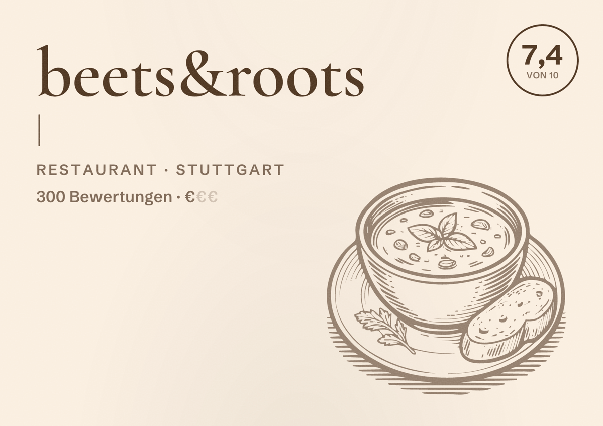 Illustriertes Poster von beets&roots |, Restaurant in Stuttgart: Bewertung 7,4 von 10 aus 300 Bewertungen, Preisniveau €