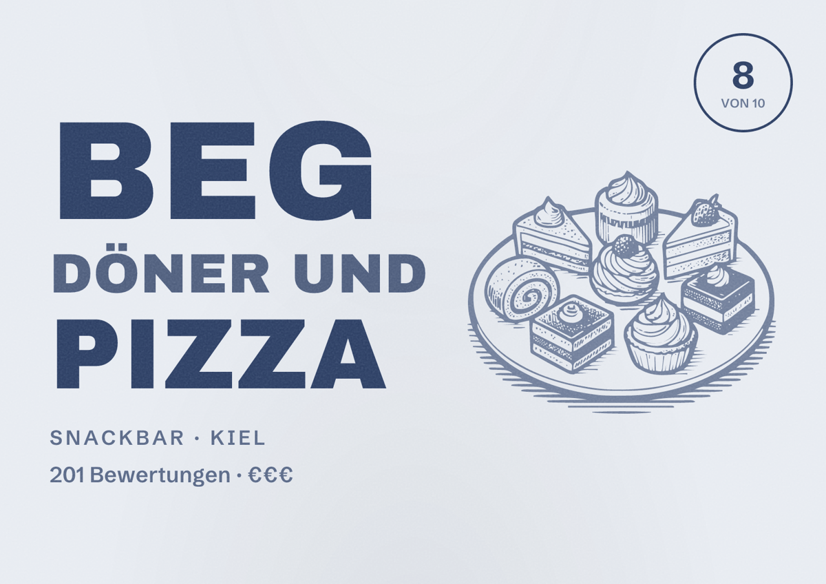 Illustriertes Poster von BEG Döner und Pizza, Snackbar in Kiel: Bewertung 8 von 10 aus 201 Bewertungen, Preisniveau €€€