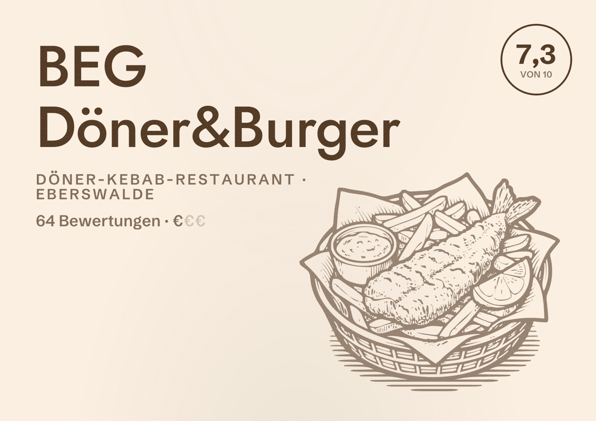 Illustriertes Poster von BEG Döner&Burger, Döner-Kebab-Restaurant in Eberswalde: Bewertung 7,3 von 10 aus 64 Bewertungen, Preisniveau €
