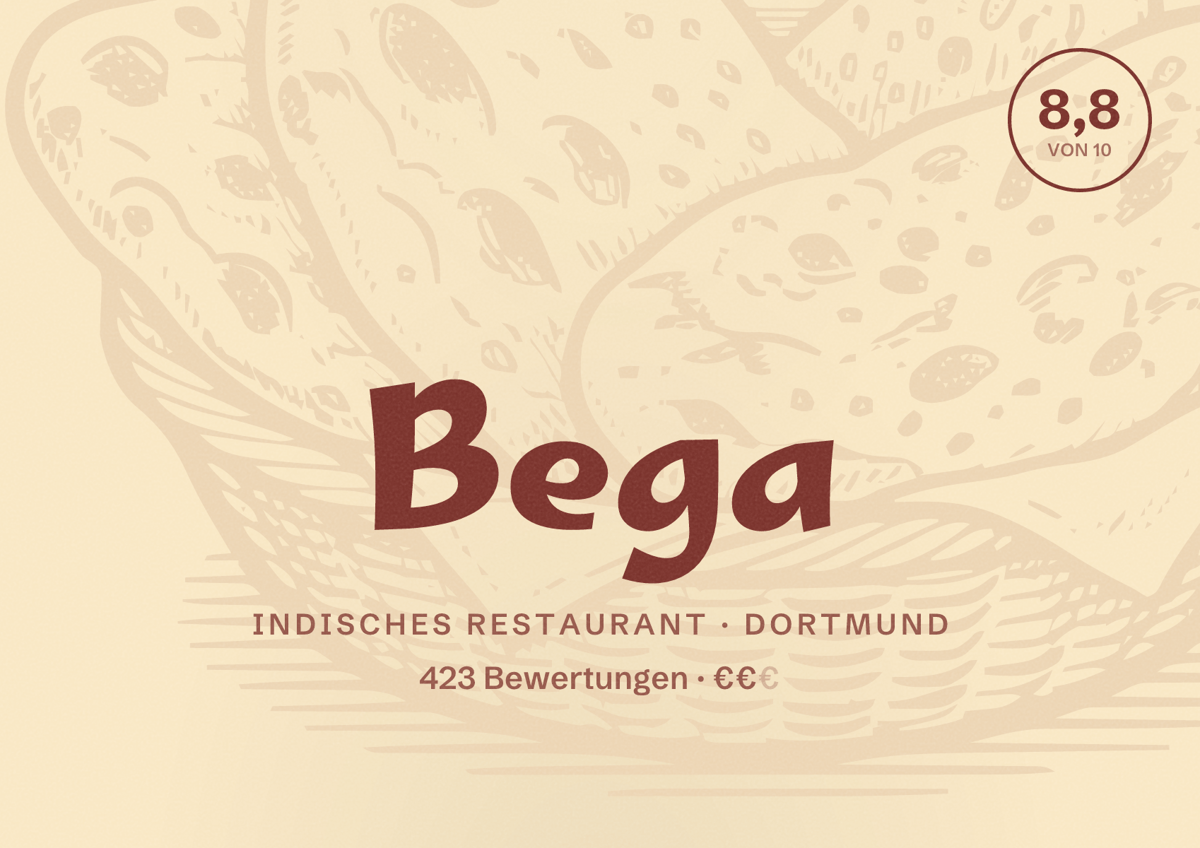 Illustriertes Poster von Bega, Indisches Restaurant in Dortmund: Bewertung 8,8 von 10 aus 423 Bewertungen, Preisniveau €€