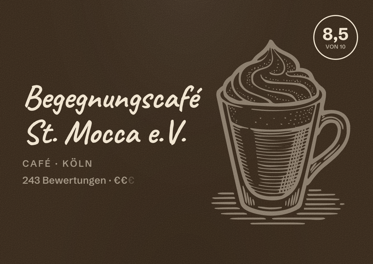 Illustriertes Poster von Begegnungscafé St. Mocca e.V., Café in Köln: Bewertung 8,5 von 10 aus 243 Bewertungen, Preisniveau €€