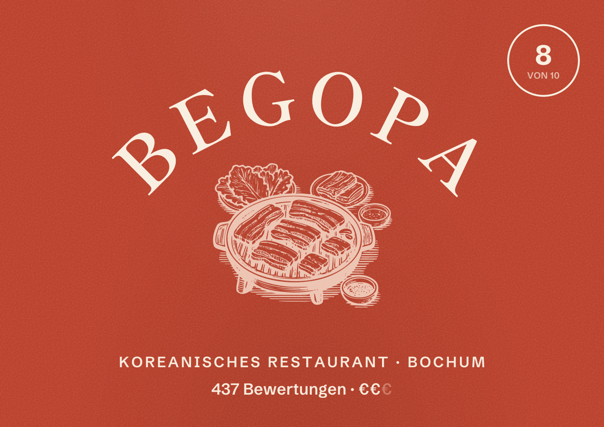 Illustriertes Poster von Begopa, Koreanisches Restaurant in Bochum: Bewertung 8 von 10 aus 437 Bewertungen, Preisniveau €€
