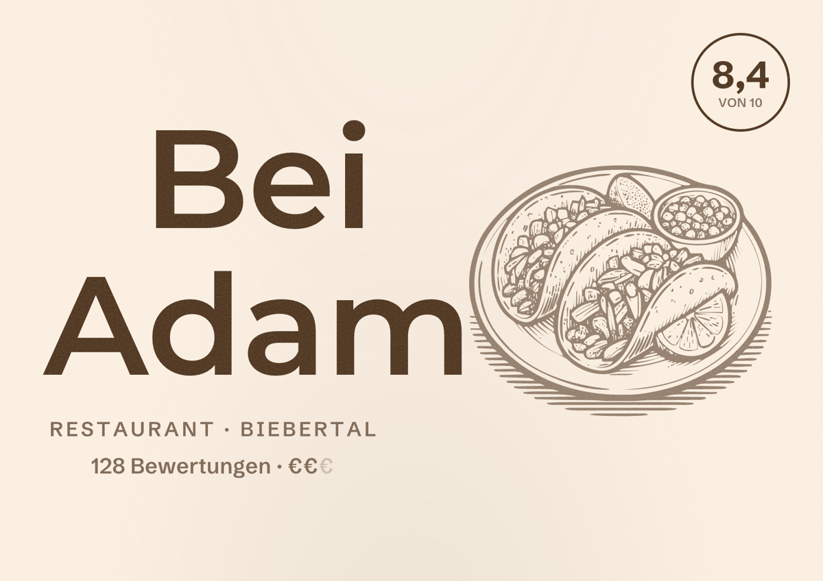 Illustriertes Poster von Bei Adam, Restaurant in Biebertal: Bewertung 8,4 von 10 aus 128 Bewertungen, Preisniveau €€