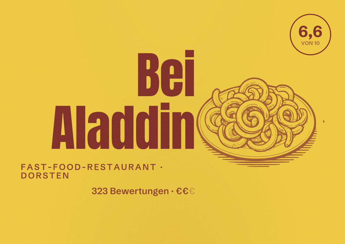 Illustriertes Poster von Bei Aladdin, Fast-Food-Restaurant in Dorsten: Bewertung 6,6 von 10 aus 323 Bewertungen, Preisniveau €€