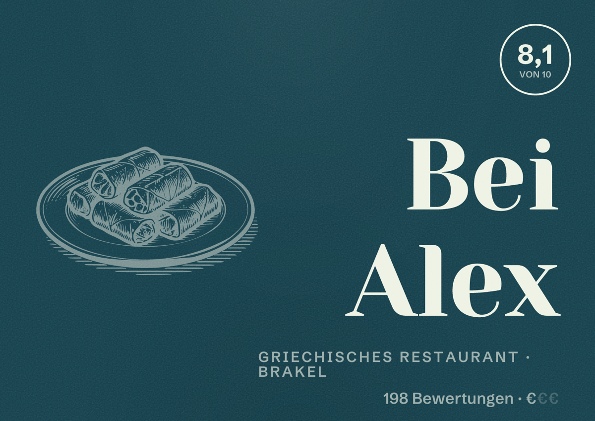 Illustriertes Poster von Bei Alex, Griechisches Restaurant in Brakel: Bewertung 8,1 von 10 aus 198 Bewertungen, Preisniveau €