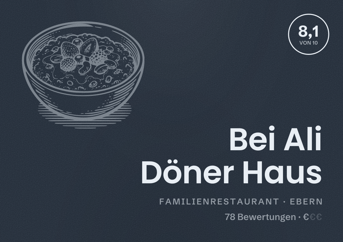 Illustriertes Poster von Bei Ali Döner Haus, Familienrestaurant in Ebern: Bewertung 8,1 von 10 aus 78 Bewertungen, Preisniveau €