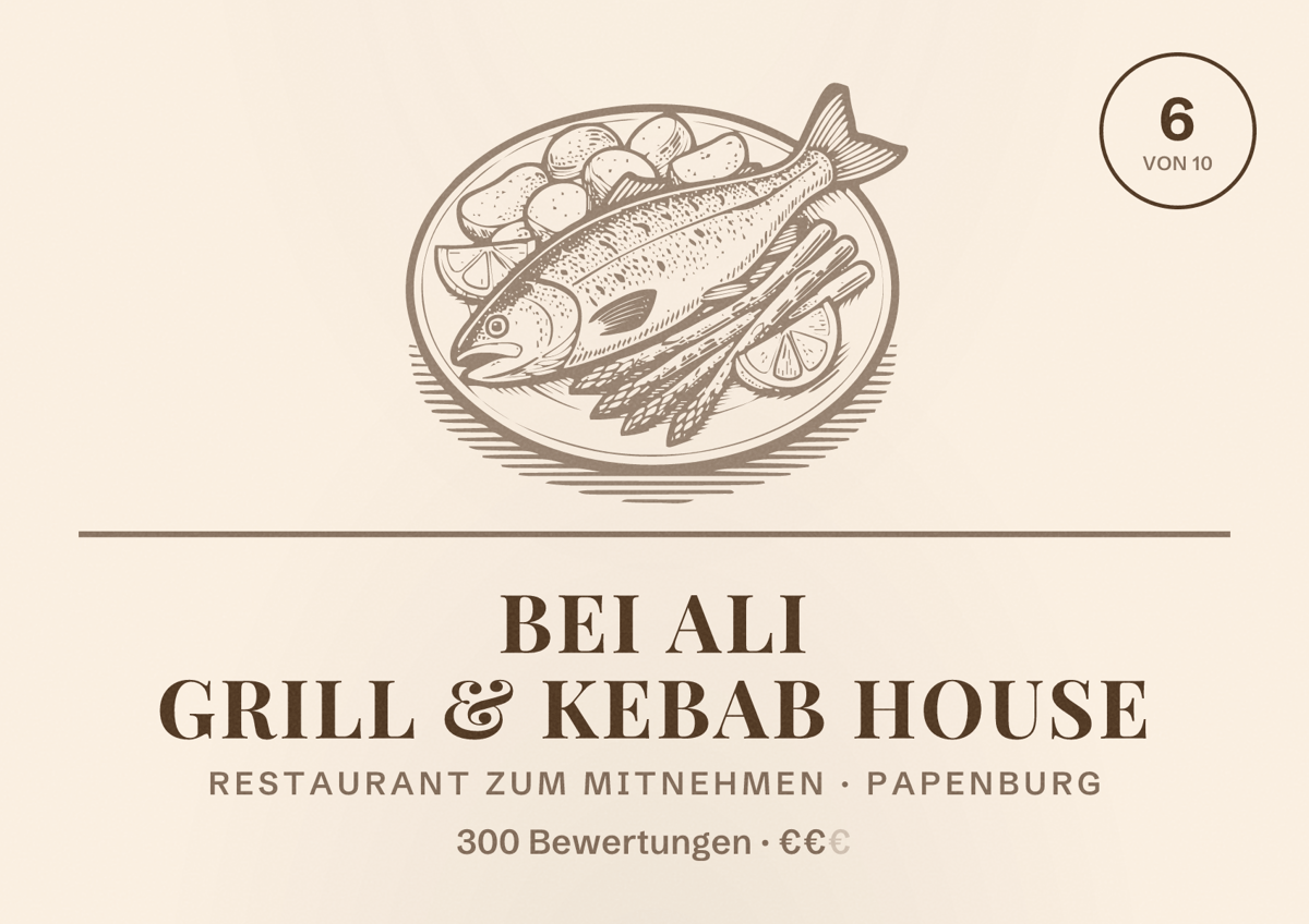 Illustriertes Poster von Bei Ali Grill & Kebab House, Restaurant zum Mitnehmen in Papenburg: Bewertung 6 von 10 aus 300 Bewertungen, Preisniveau €€