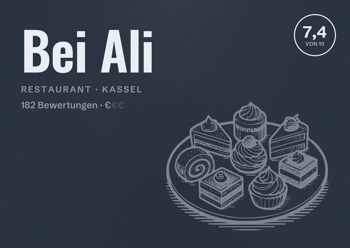 Illustriertes Poster von Bei Ali, Restaurant in Kassel: Bewertung 7,4 von 10 aus 182 Bewertungen, Preisniveau €